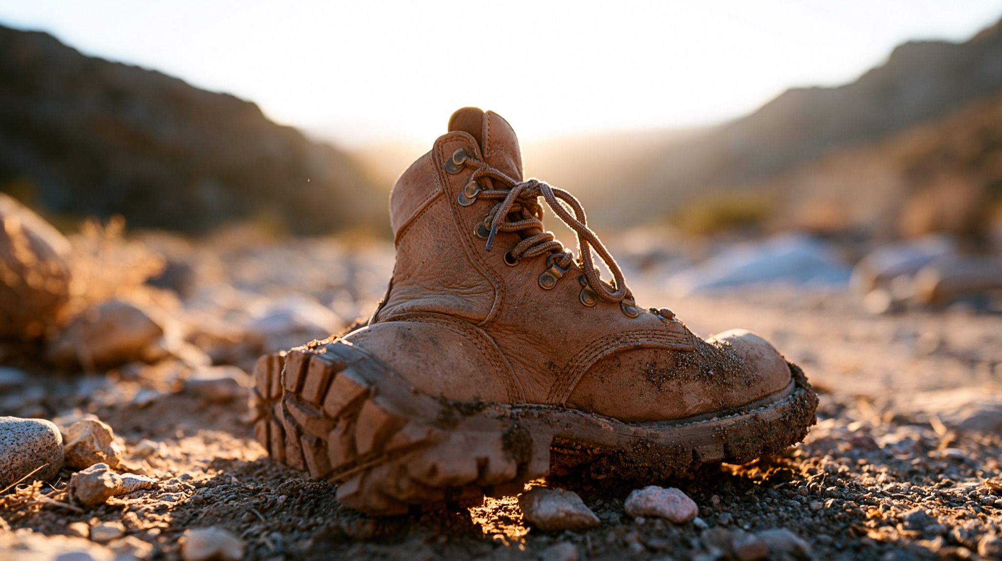 Well-used walking boots resting after a muddy countryside walk